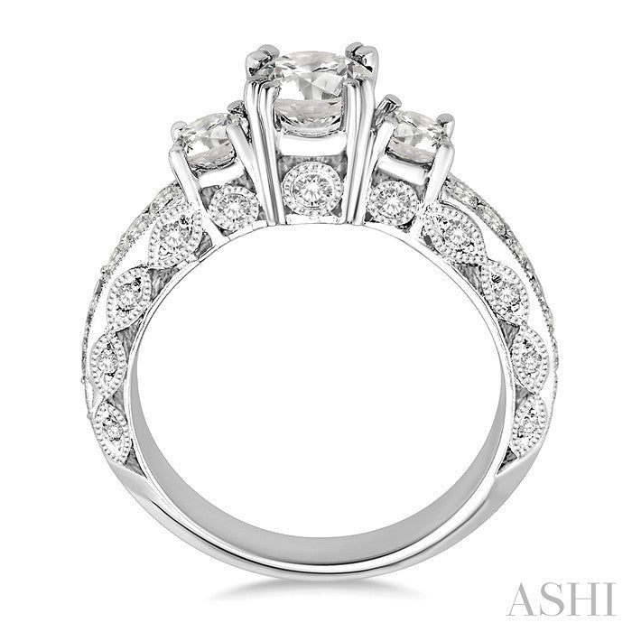 1 1/6 Ctw Tri Stone Semi-Mount Diamond Engagement Ring in 14K White Gold