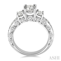 1 1/6 Ctw Tri Stone Semi-Mount Diamond Engagement Ring in 14K White Gold