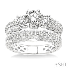 1 5/8 Ctw Diamond Wedding Set with 1 1/4 Ctw Round Cut Engagement Ring and 3/8 Ctw Wedding Band in 14K White Gold