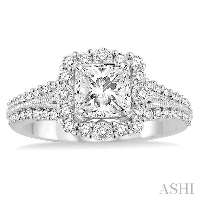 1 Ctw Diamond Engagement Ring with 1/2 Ct Princess Cut Center Stone in 14K White Gold