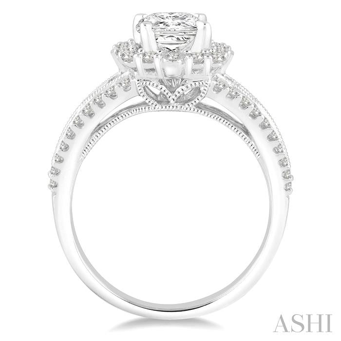 1 Ctw Diamond Engagement Ring with 1/2 Ct Princess Cut Center Stone in 14K White Gold
