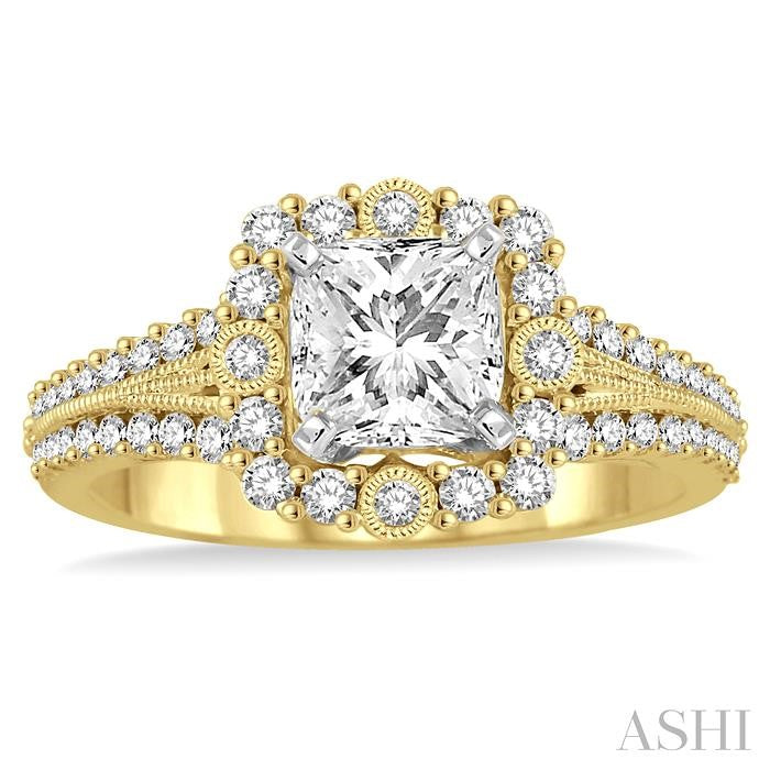1 Ctw Diamond Engagement Ring with 1/2 Ct Princess Cut Center Stone in 14K Yellow and White Gold