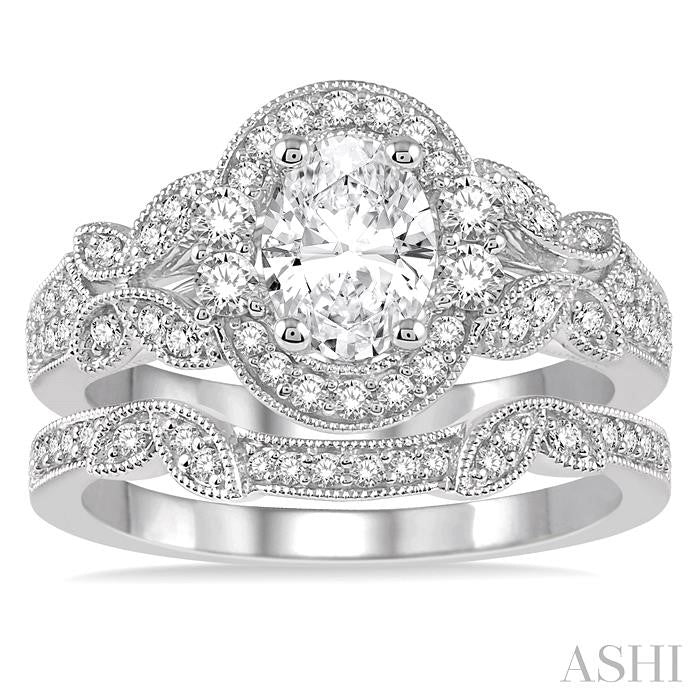 1 1/4 Ctw Diamond Wedding Set with 1 1/6 Ctw Oval Cut Engagement Ring and 1/10 Ctw Wedding Band in 14K White Gold