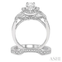 1 1/4 Ctw Diamond Wedding Set with 1 1/6 Ctw Oval Cut Engagement Ring and 1/10 Ctw Wedding Band in 14K White Gold