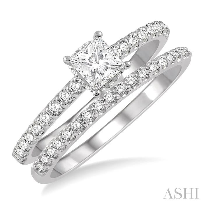 3/4 Ctw Diamond Wedding Set With 5/8 Ct Princess Cut Diamond Engagement Ring and 1/6 Ct Wedding Band in 14K White Gold