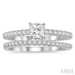 3/4 Ctw Diamond Wedding Set With 5/8 Ct Princess Cut Diamond Engagement Ring and 1/6 Ct Wedding Band in 14K White Gold