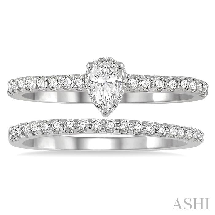 5/8 Ctw Round Cut Diamond Wedding Set With 1/2 Ct Pear Cut 1/4 Ct Center Stone Engagement Ring and 1/6 Ct Wedding Band in 14K White Gold