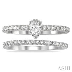 5/8 Ctw Round Cut Diamond Wedding Set With 1/2 Ct Pear Cut 1/4 Ct Center Stone Engagement Ring and 1/6 Ct Wedding Band in 14K White Gold