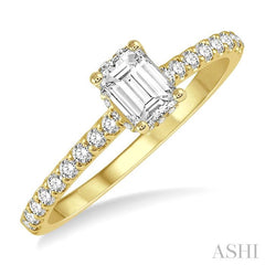 5/8 Ctw Round Cut Diamond Ladies Engagement Ring With 3/8 Ct Emerald Cut Center Stone in 14K Yellow Gold