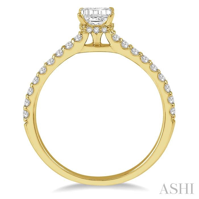 5/8 Ctw Round Cut Diamond Ladies Engagement Ring With 3/8 Ct Emerald Cut Center Stone in 14K Yellow Gold