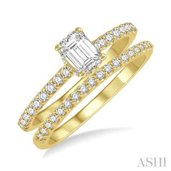 5/8 Ctw Diamond Wedding Set With 1/4 Ct Emerald Cut Center Stone Engagement Ring and 1/6 Ct Wedding Band in 14K Yellow Gold