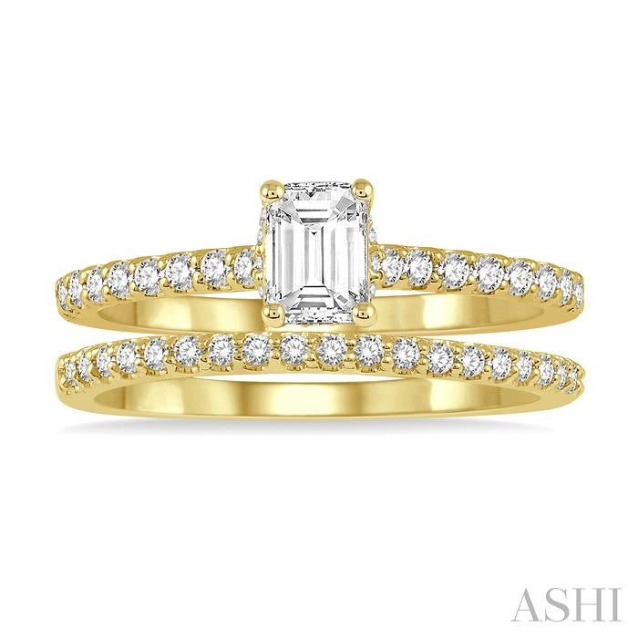 5/8 Ctw Diamond Wedding Set With 1/4 Ct Emerald Cut Center Stone Engagement Ring and 1/6 Ct Wedding Band in 14K Yellow Gold