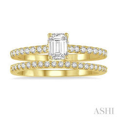 5/8 Ctw Diamond Wedding Set With 1/4 Ct Emerald Cut Center Stone Engagement Ring and 1/6 Ct Wedding Band in 14K Yellow Gold