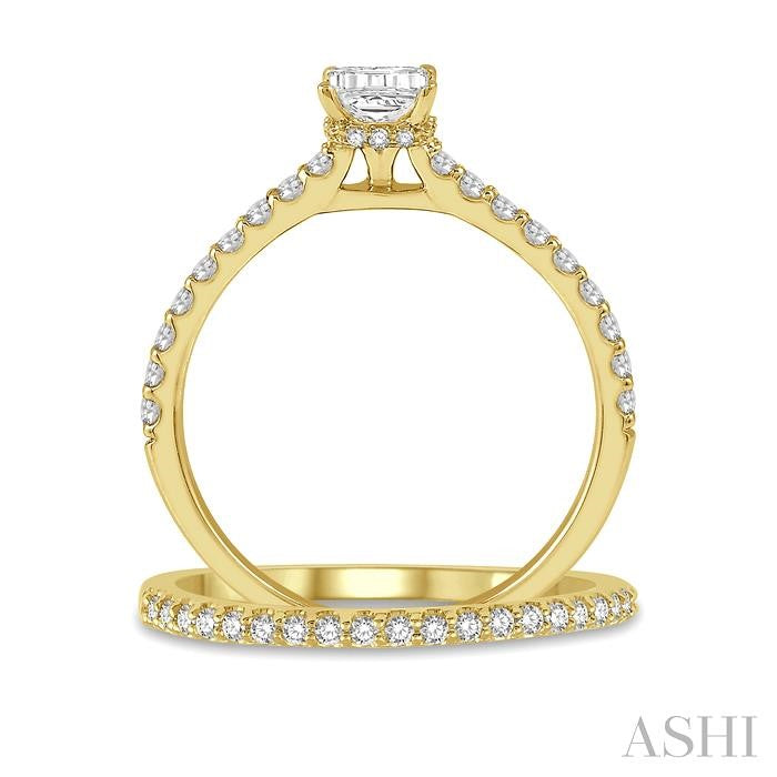 5/8 Ctw Diamond Wedding Set With 1/4 Ct Emerald Cut Center Stone Engagement Ring and 1/6 Ct Wedding Band in 14K Yellow Gold
