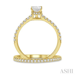 5/8 Ctw Diamond Wedding Set With 1/4 Ct Emerald Cut Center Stone Engagement Ring and 1/6 Ct Wedding Band in 14K Yellow Gold