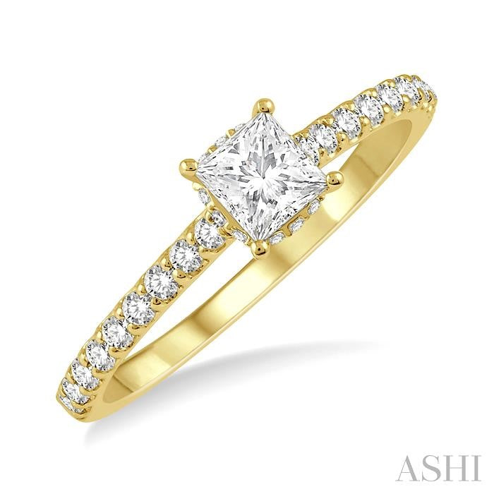 1/5 Ctw Princess Shape Round Cut Diamond Semi-Mount Engagement Ring in 14K Yellow Gold