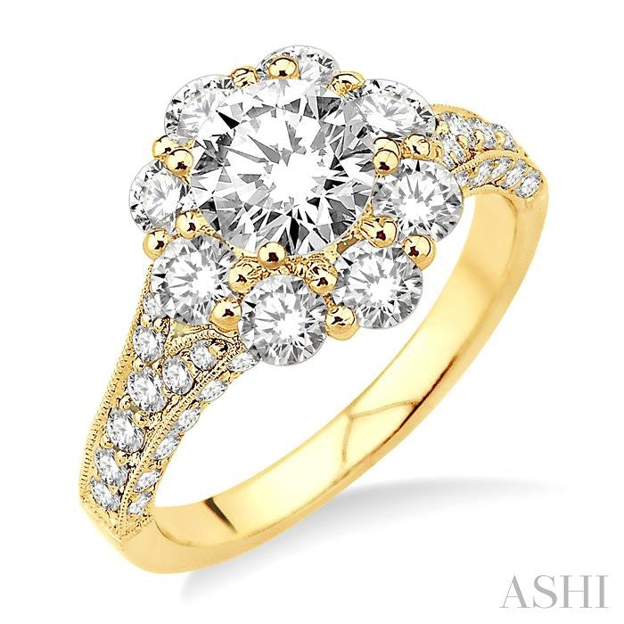 1 3/4 Ctw Diamond Flower Semi-Mount Engagement Ring in 18K Yellow Gold