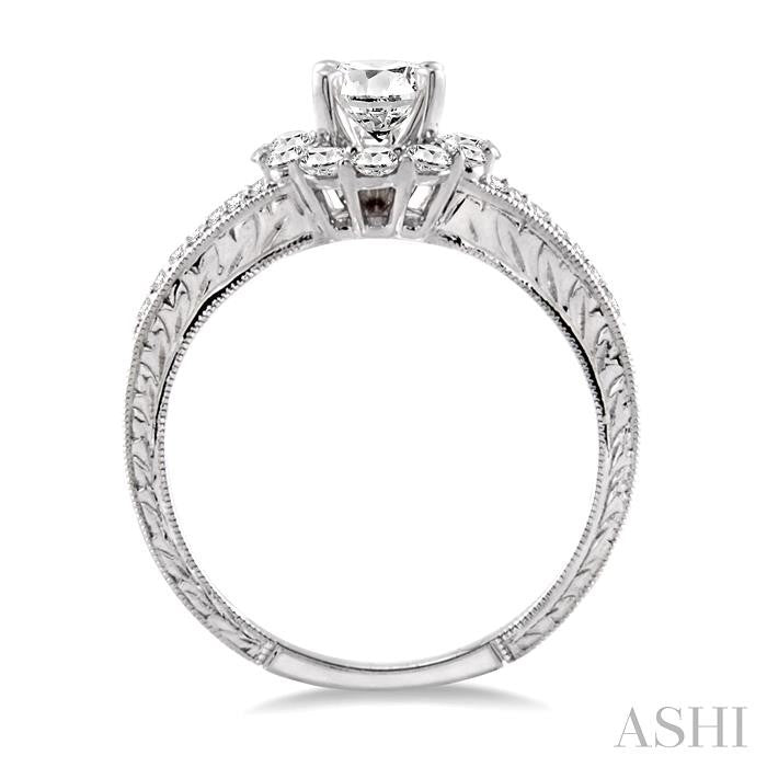 1 Ctw Diamond Flower Engagement Ring with 1/2 Ct Round Cut Center Stone in 14K White Gold