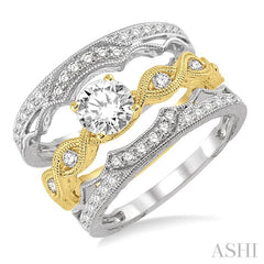7/8 Ctw Diamond Wedding Set With 1/2 Ctw Round Center Entwined Engagement Ring and 3/8 Ctw Twin Wedding Band in 14K Yellow and White Gold