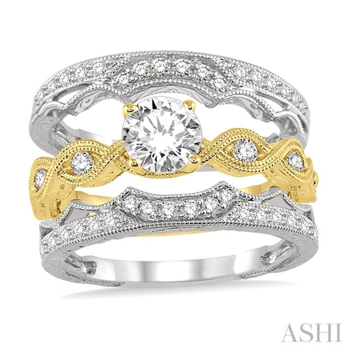 7/8 Ctw Diamond Wedding Set With 1/2 Ctw Round Center Entwined Engagement Ring and 3/8 Ctw Twin Wedding Band in 14K Yellow and White Gold