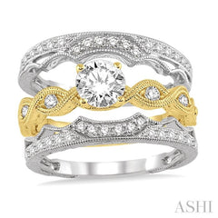 7/8 Ctw Diamond Wedding Set With 1/2 Ctw Round Center Entwined Engagement Ring and 3/8 Ctw Twin Wedding Band in 14K Yellow and White Gold