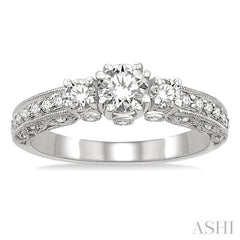 7/8 Ctw Diamond Engagement Ring with 1/3 Ct Round Cut Center Stone in 14K White Gold