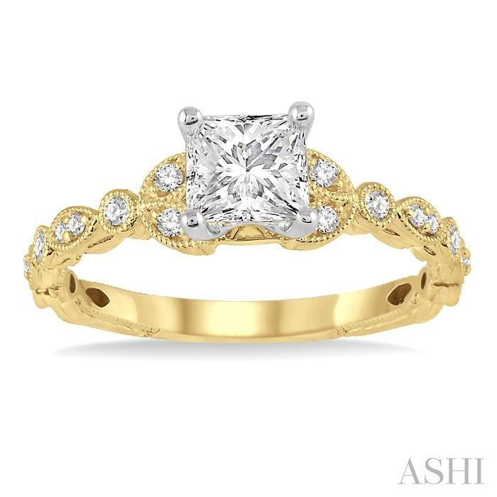 1/2 Ctw Diamond Ladies Engagement Ring with 1/3 Ct Princess Cut Center Stone in 14K Yellow and White Gold