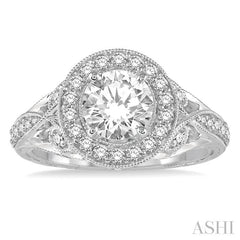 1 Ctw Diamond Engagement Ring with 1/2 Ct Round Cut Center Diamond in 14K White Gold