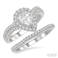 1 1/3 Ctw Diamond Wedding Set With 1 1/6 Ctw Curved Shank Pear Shape Engagement Ring and 1/6 Ctw Wedding Band in 14K White Gold