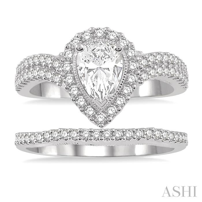 1 1/3 Ctw Diamond Wedding Set With 1 1/6 Ctw Curved Shank Pear Shape Engagement Ring and 1/6 Ctw Wedding Band in 14K White Gold