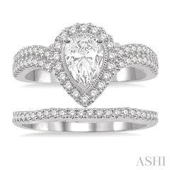 1 1/3 Ctw Diamond Wedding Set With 1 1/6 Ctw Curved Shank Pear Shape Engagement Ring and 1/6 Ctw Wedding Band in 14K White Gold