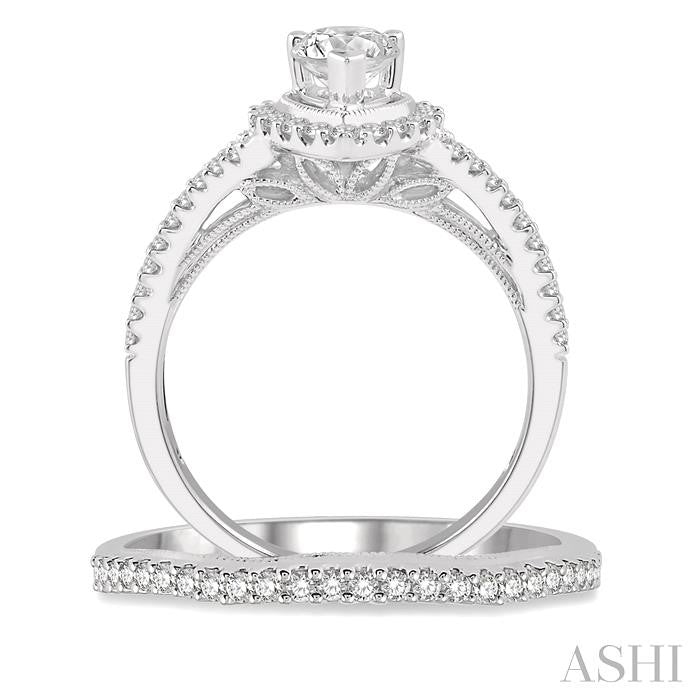 1 1/3 Ctw Diamond Wedding Set With 1 1/6 Ctw Curved Shank Pear Shape Engagement Ring and 1/6 Ctw Wedding Band in 14K White Gold
