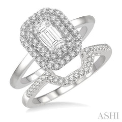 1 Ctw Round Cut Diamond Wedding Set With 3/4 Ct Emerald Cut Engagement Ring and 1/5 Ct Trough Shape Center Wedding Band in 14K White Gold
