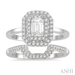 1 Ctw Round Cut Diamond Wedding Set With 3/4 Ct Emerald Cut Engagement Ring and 1/5 Ct Trough Shape Center Wedding Band in 14K White Gold