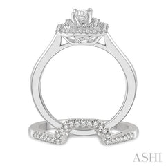 1 Ctw Round Cut Diamond Wedding Set With 3/4 Ct Emerald Cut Engagement Ring and 1/5 Ct Trough Shape Center Wedding Band in 14K White Gold