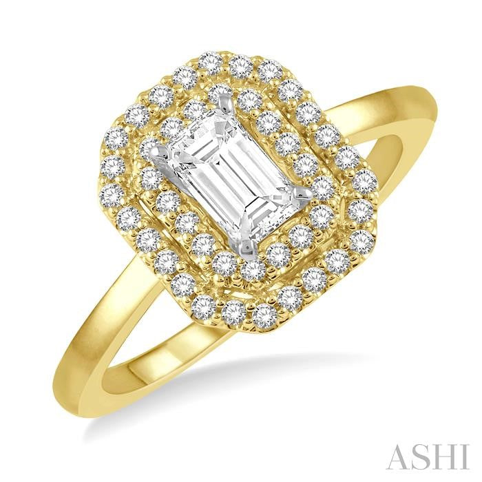 1/2 Ctw Twin Halo Round Cut Diamond Engagement Ring With 1/4 Ct Emerald Cut Center Stone in 14K Yellow and White Gold