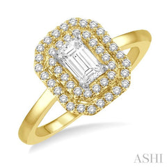 1/2 Ctw Twin Halo Round Cut Diamond Engagement Ring With 1/4 Ct Emerald Cut Center Stone in 14K Yellow and White Gold