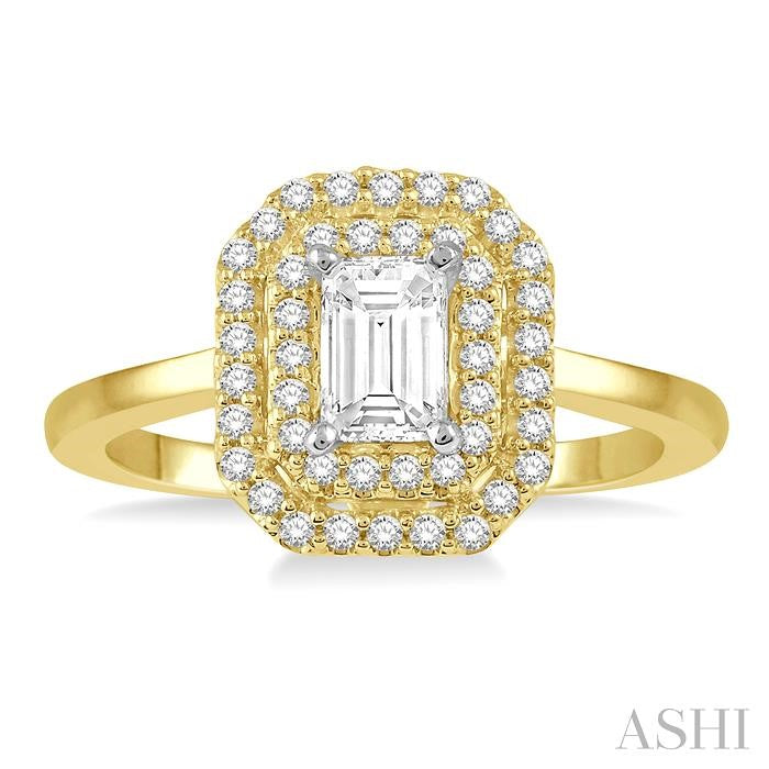 1/2 Ctw Twin Halo Round Cut Diamond Engagement Ring With 1/4 Ct Emerald Cut Center Stone in 14K Yellow and White Gold