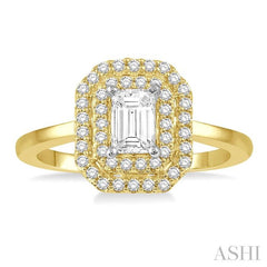 1/2 Ctw Twin Halo Round Cut Diamond Engagement Ring With 1/4 Ct Emerald Cut Center Stone in 14K Yellow and White Gold