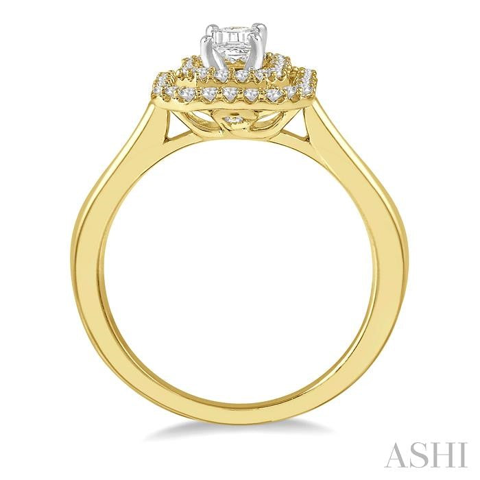 1/2 Ctw Twin Halo Round Cut Diamond Engagement Ring With 1/4 Ct Emerald Cut Center Stone in 14K Yellow and White Gold
