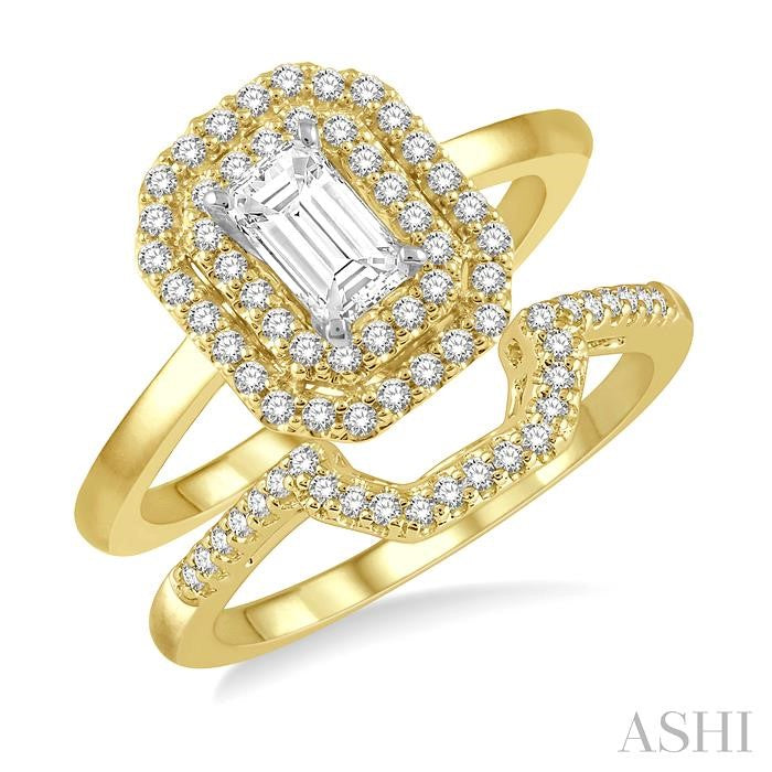 5/8 Ctw Round Cut Diamond Wedding Set With 1/2 Ct Twin Halo 1/4 Ct Emerald Cut Engagement Ring & 1/8 Ct Wedding Band in 14K Yellow and White Gold