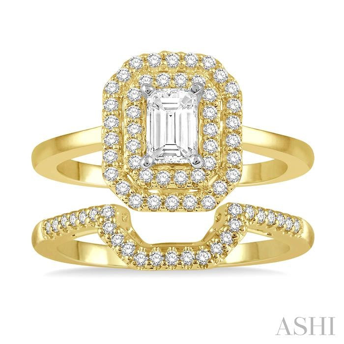 5/8 Ctw Round Cut Diamond Wedding Set With 1/2 Ct Twin Halo 1/4 Ct Emerald Cut Engagement Ring & 1/8 Ct Wedding Band in 14K Yellow and White Gold