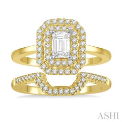 5/8 Ctw Round Cut Diamond Wedding Set With 1/2 Ct Twin Halo 1/4 Ct Emerald Cut Engagement Ring & 1/8 Ct Wedding Band in 14K Yellow and White Gold