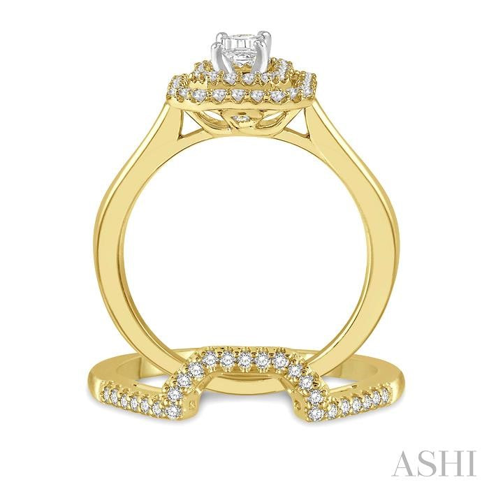 5/8 Ctw Round Cut Diamond Wedding Set With 1/2 Ct Twin Halo 1/4 Ct Emerald Cut Engagement Ring & 1/8 Ct Wedding Band in 14K Yellow and White Gold