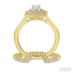 5/8 Ctw Round Cut Diamond Wedding Set With 1/2 Ct Twin Halo 1/4 Ct Emerald Cut Engagement Ring & 1/8 Ct Wedding Band in 14K Yellow and White Gold
