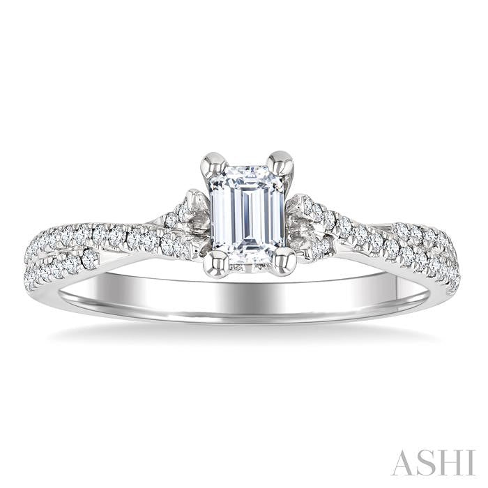 1/4 Ctw Split Crisscross Shank Emerald Shape Round Cut Diamond Semi-Mount Engagement Ring in 14K White Gold