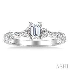 1/4 Ctw Split Crisscross Shank Emerald Shape Round Cut Diamond Semi-Mount Engagement Ring in 14K White Gold