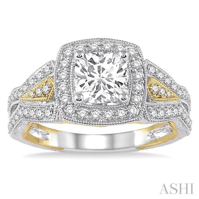 1/2 Ctw Round diamond Square Halo Semi-Mount Engagement Ring in 14K White and Yellow Gold
