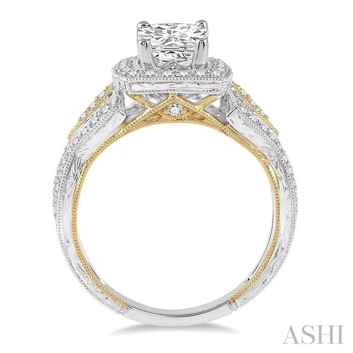1/2 Ctw Round diamond Square Halo Semi-Mount Engagement Ring in 14K White and Yellow Gold