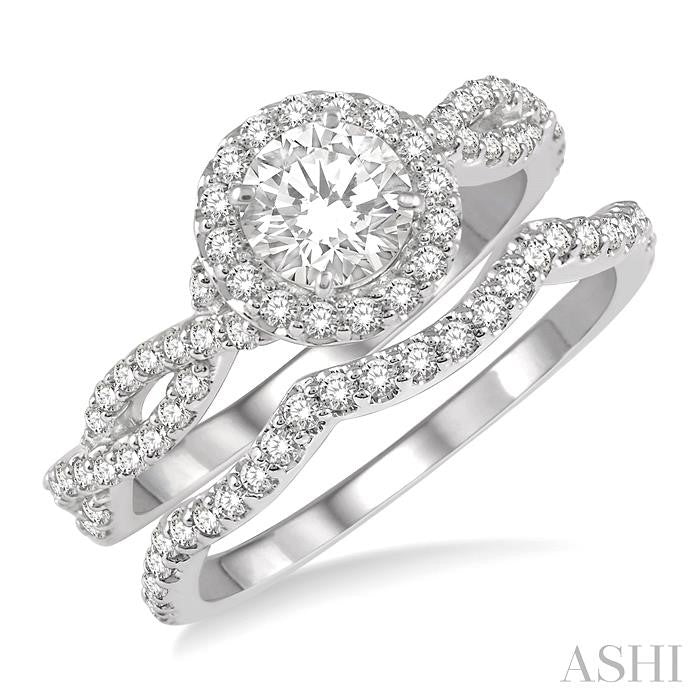 1 Ctw Diamond Wedding Set With 3/4 Ct Round Center Diamond Entwined Engagement Ring and 1/5 Ct Wave Diamond Wedding Band in 14K White Gold